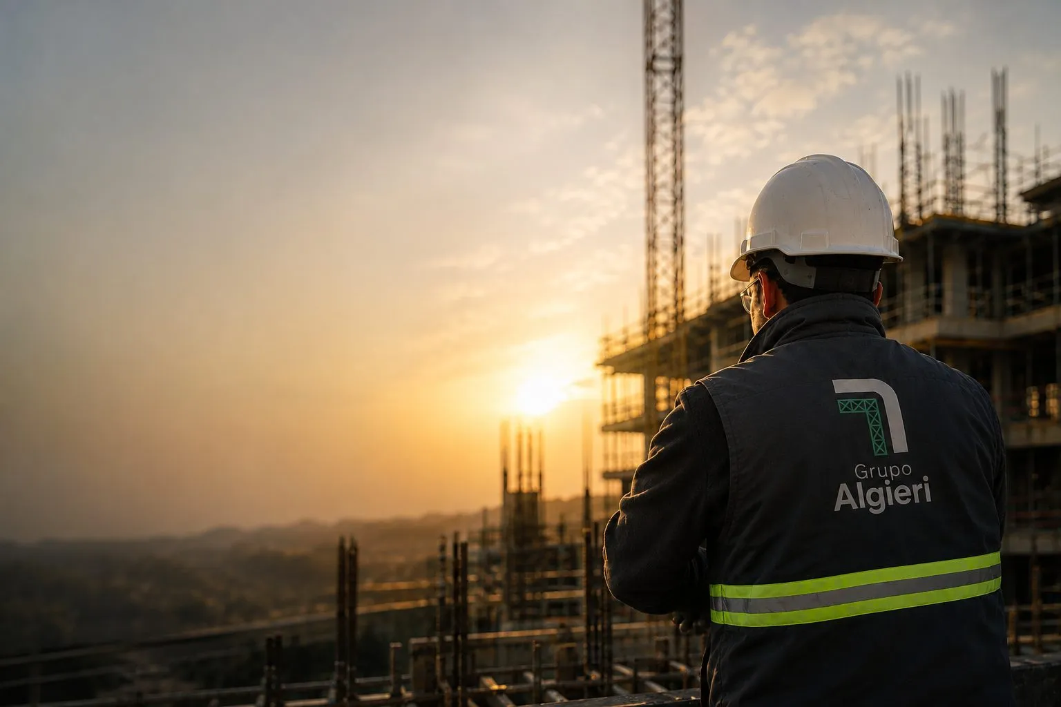 Operario de Grupo Algieri mirando la obra al atardecer