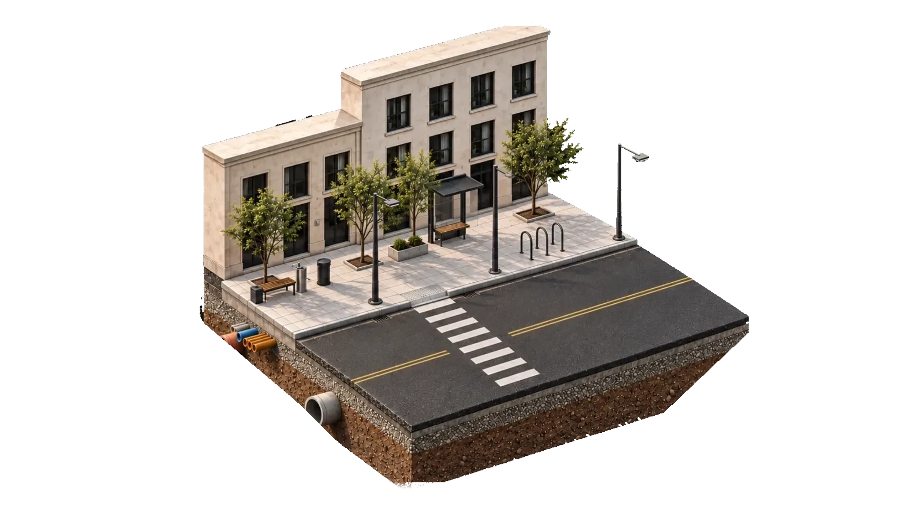 Render de la cuadra terminada: vereda, arbolado, refugio y calzada sobre el corte del terreno