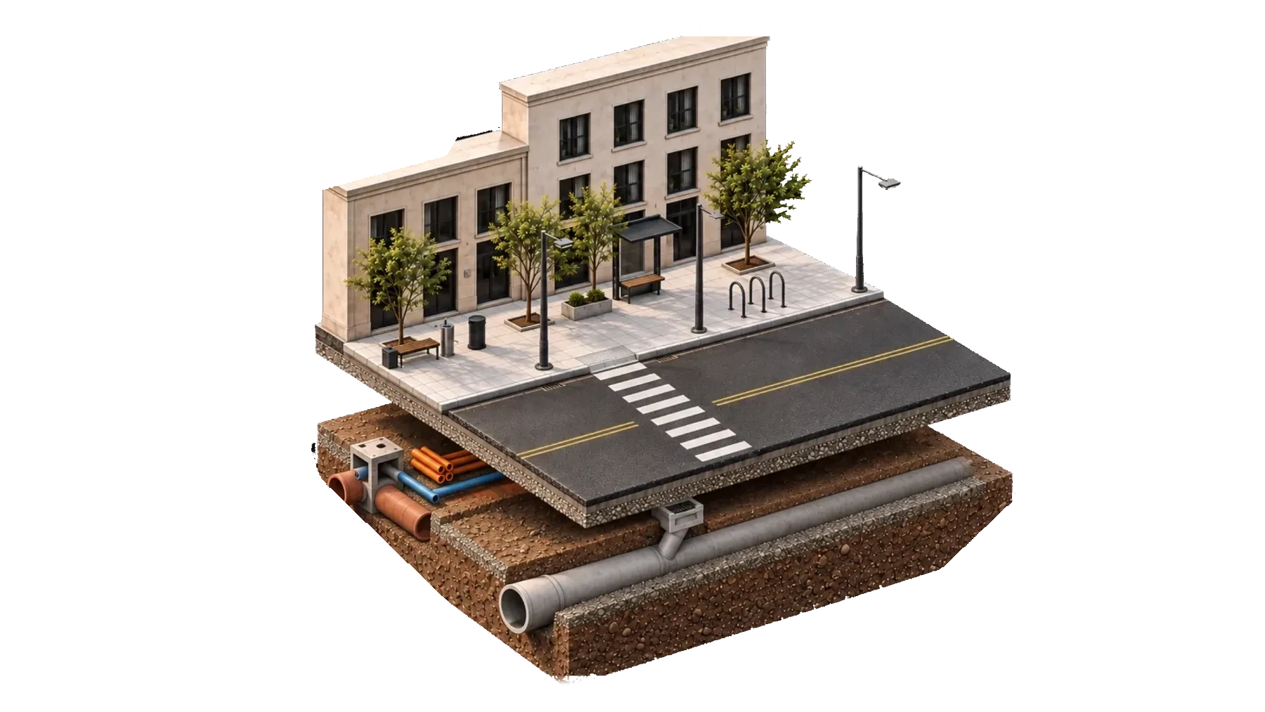 Despiece de la cuadra: la superficie levantada deja ver la cámara de inspección, los conductos eléctricos, la cloaca y el pluvial